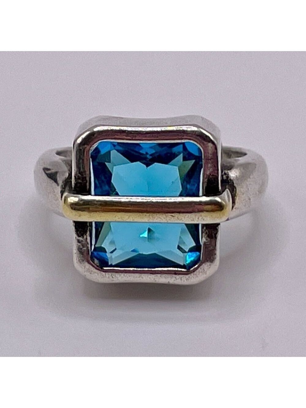 Adjustable 925 Silver Large Faux Blue Zircon w/ Gold Tone Metal Strap Ring #1303